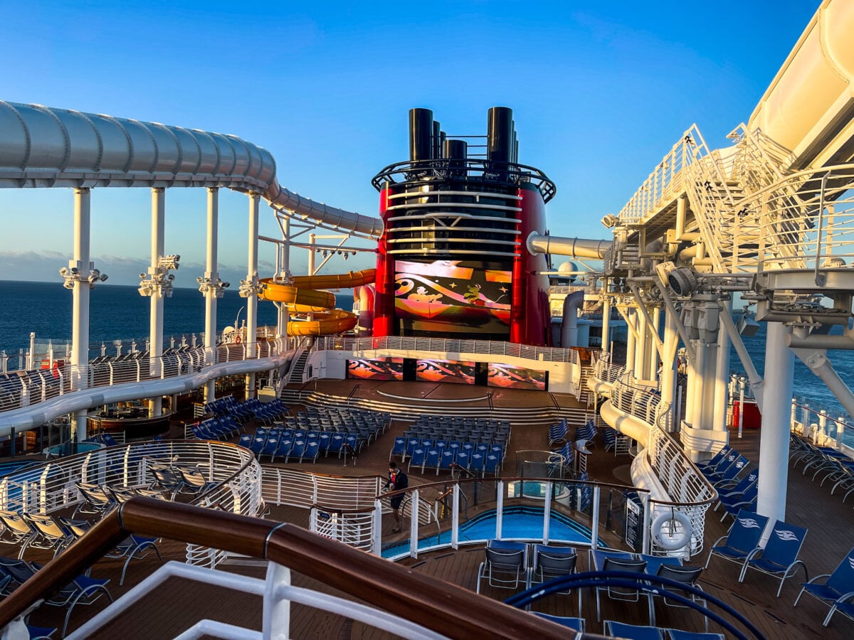 A view across the Disney Wish pool deck